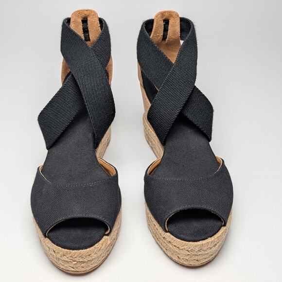 Tory Burch Natalya Peep-Toe Cork Espadrille Wedge Sandal Size 7 Black - Picture 1 of 8